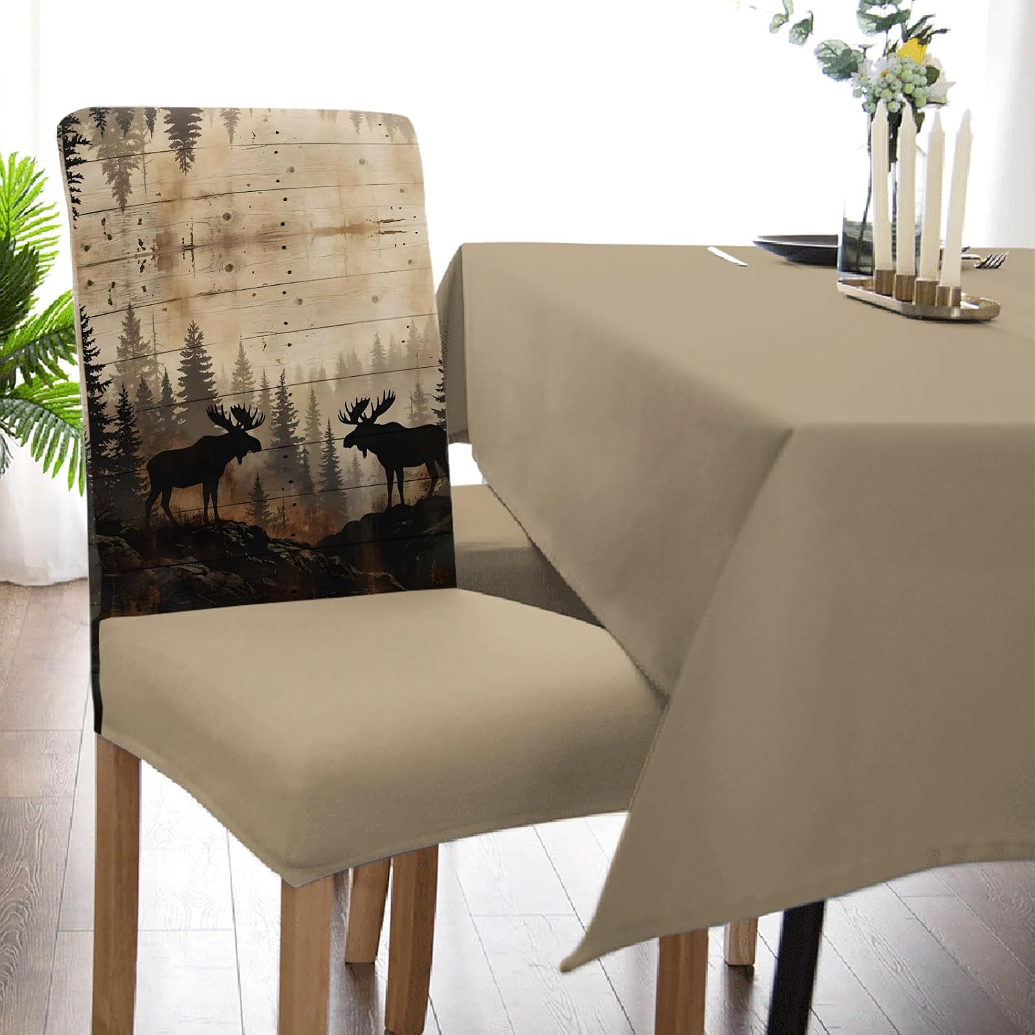 Dining Room Chair Covers Set of 4, Nature Landscape Moose Forest Stretch Spandex Parsons Chair Slipcovers, Rustic Pine Silhouette Wildlife Washable Removable Seat Cover Protector for Kitchen Party