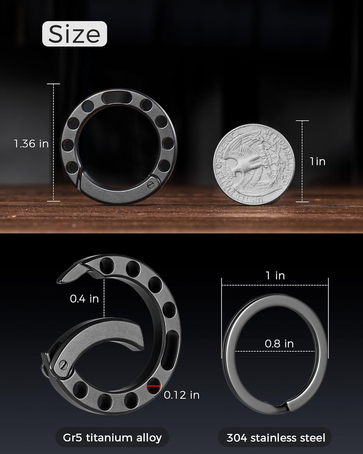 Titanium Circle Small Keychain Carabiner Clip with 2pcs 25mm/1inch Stainless Steel Key Rings, Quick Release Keychain for Men, Multi-Hole Design