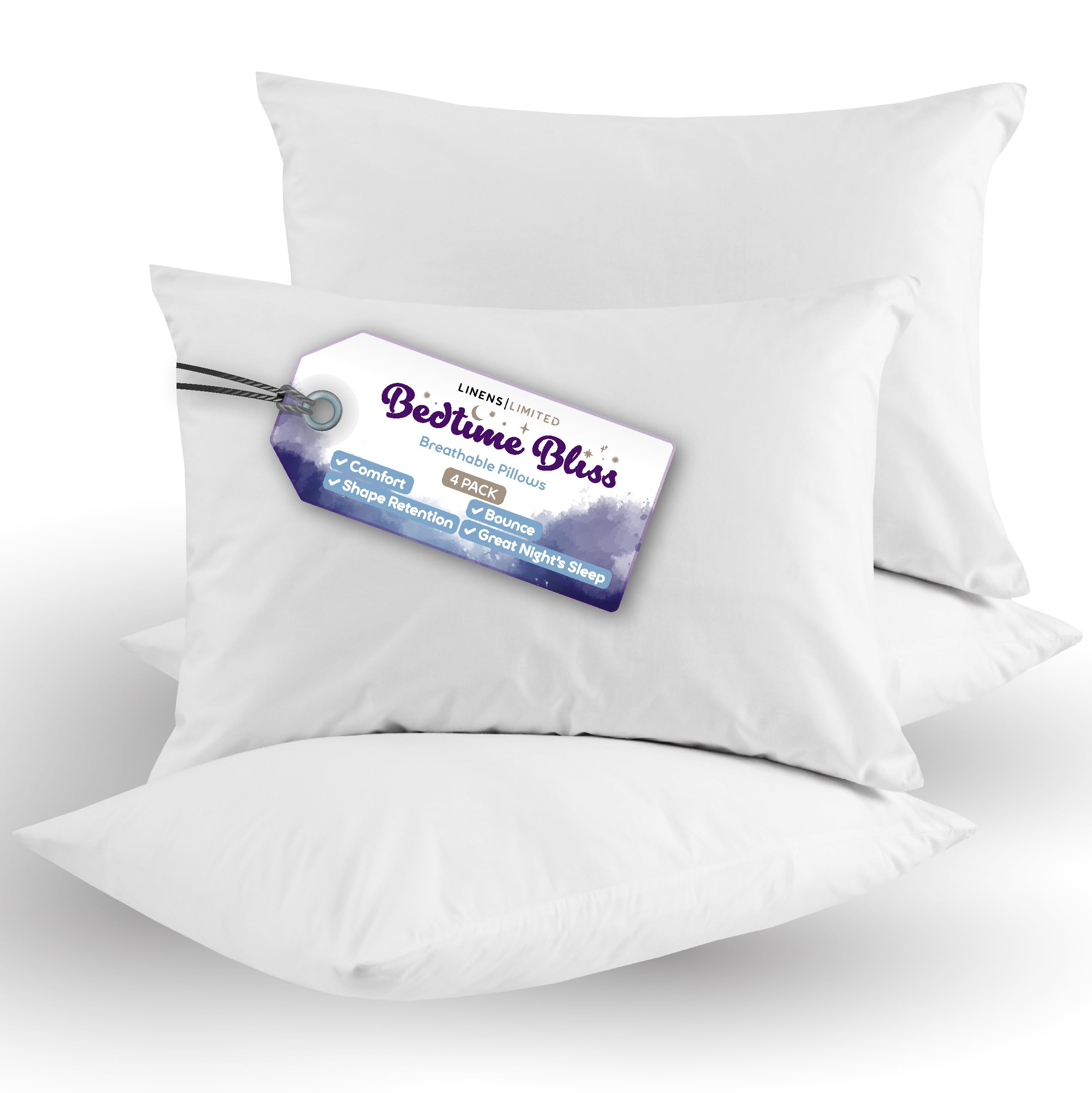 Linens Limited White - Soft Pillows 4 Pack, Made In The Uk, Bedtime Bliss, Soft And Firm With Orthopedic Support, Non-Allergenic Hollowfibre, Machine Washable (White)