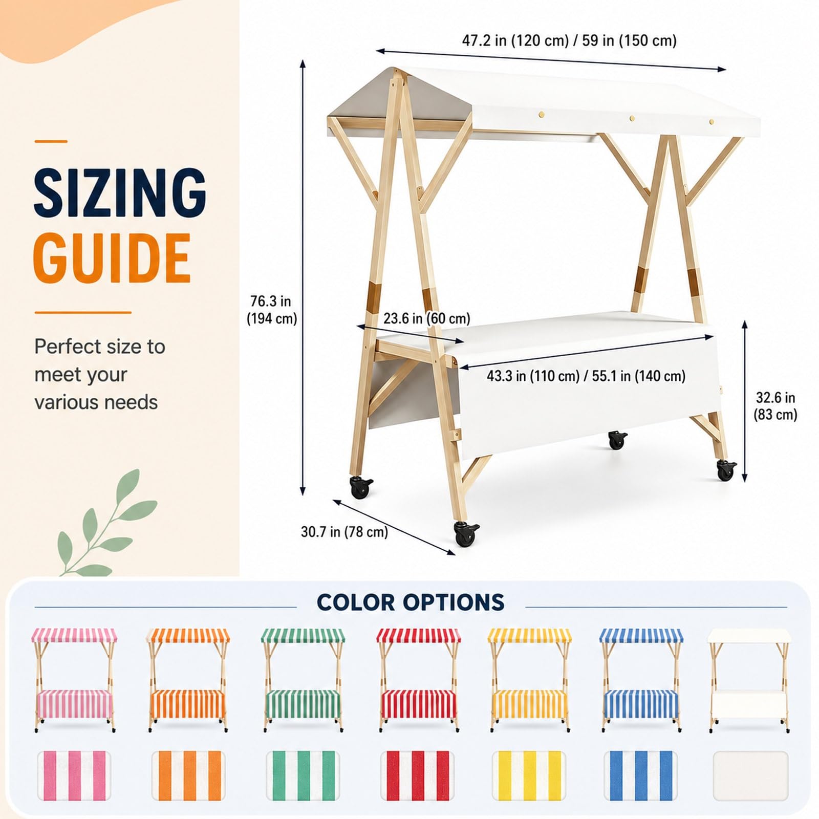 Puesto De Mercado con Toldo, Carrito De Comida Callejera De Madera, Carro Venta Ambulante, Kiosco Móvil con Ruedas, Stand Plegable para Catering Y Eventos Pop Up(Pink a,L 150cm/59in)