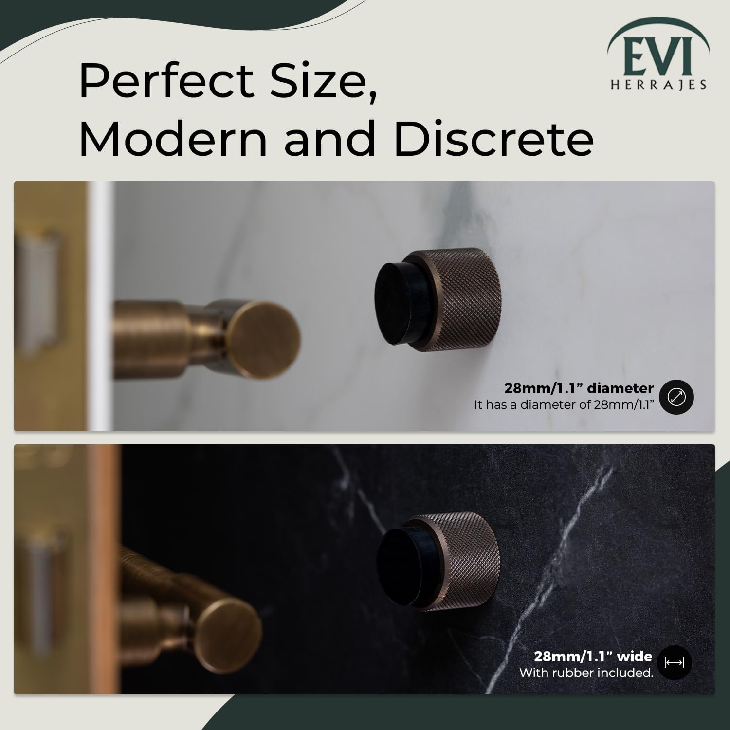 EVI Herrajes | Designer Wall Door Stop - Knurled Texture - 1.1" x 1.1" - Brass Rustic Finished - Adhesive and Screw Fastening