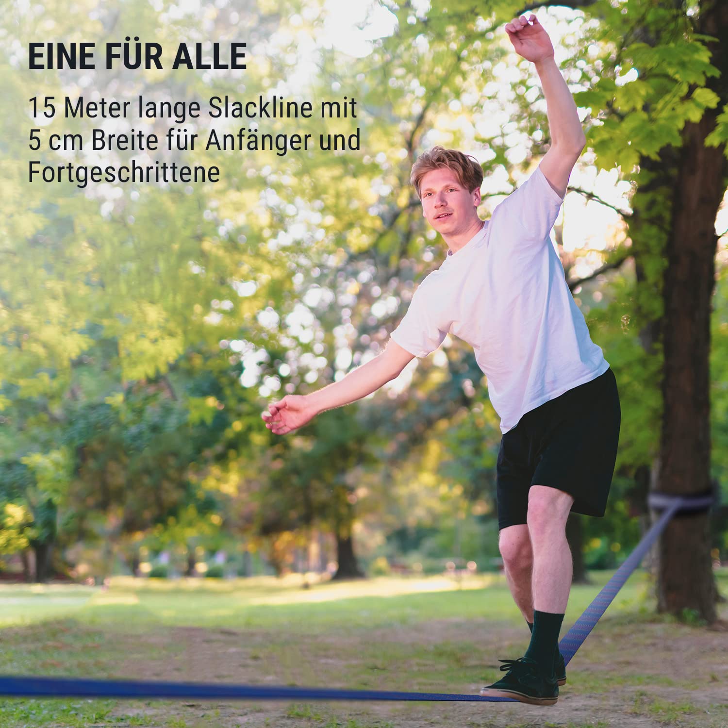 Klarfit Slackline, Slackline, Slackline-Set mit Übungsline, Ratsche, Seile&Hilfs-Slackline, Baumschutz, 15m Zipline, 150kg Traglast, Ninja Warrior Inspirierte Trainingsgeräte, Blau-Gelb