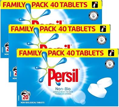 Persil Laundry Tablets Family Pack Gentle next to Skin Touch on Stains New Concentrated Formula for Effortless Laundry, Non-Bio 40 tablets, 20 Wash 1.2KG Pack of 3