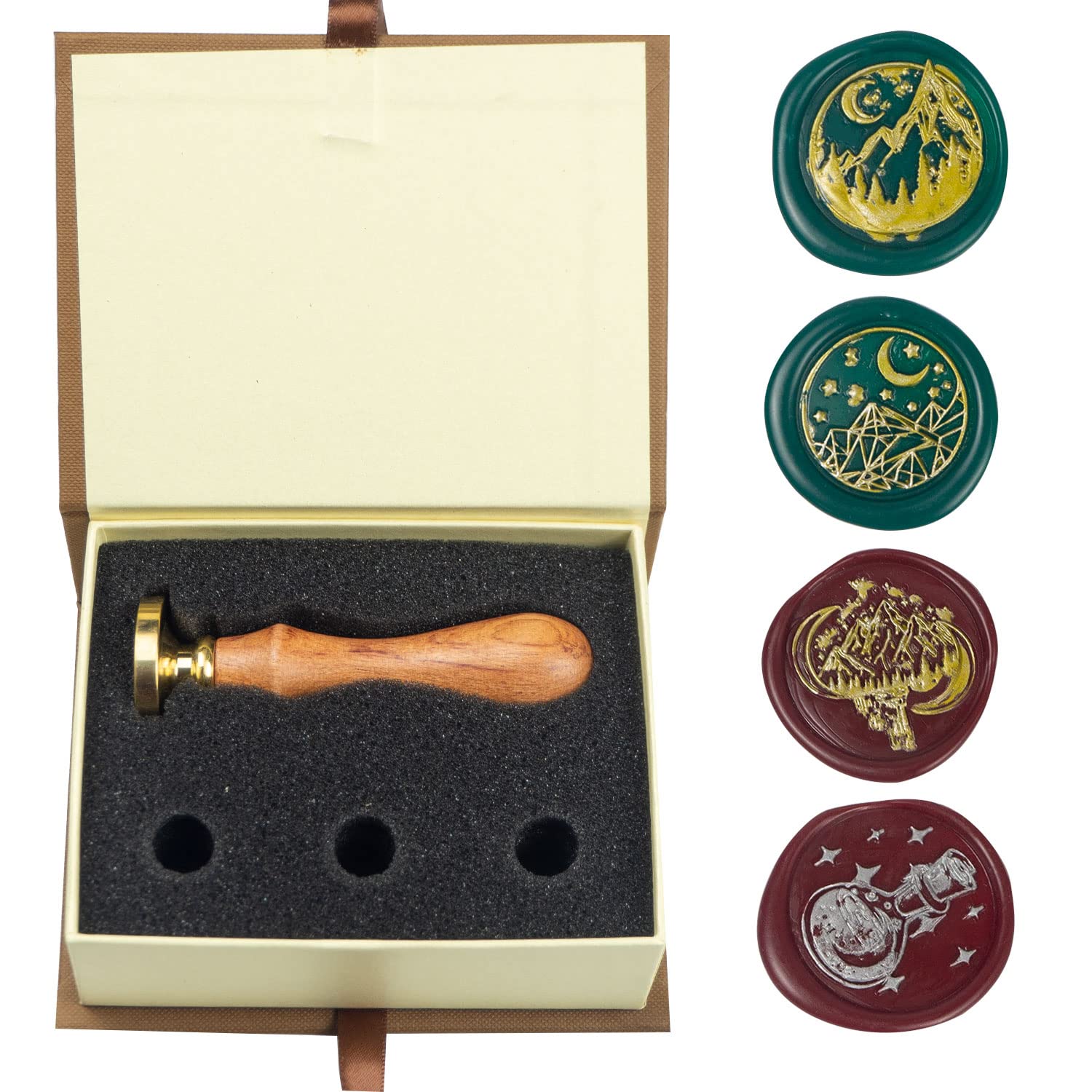 Wax Seal Stamp kit, ANBOSE Moon Wax Seal Stamp Set with 4 PCS Removable Brass Heads and 1 Wooden Handle, Star Moon Sealing Wax Stamp for Cards Invitations โ image 1