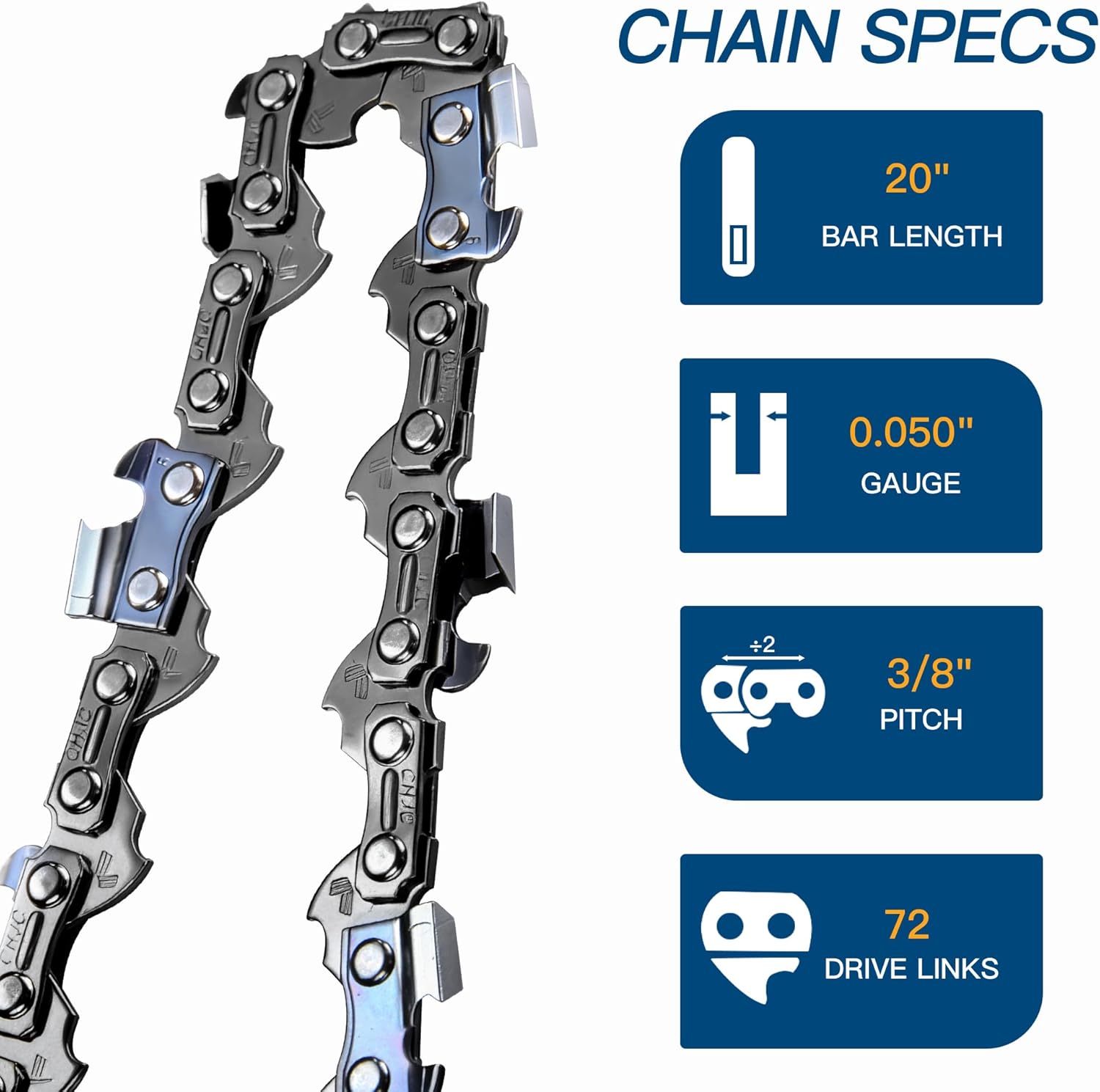 CHJC 20 Inch Chainsaw Chain 3/8" Pitch, .050" Gauge, 72 Drive Links, Fits MS311 MS391, Husqvarna 455 (Rancher), 460 (Rancher) and More (3 Chains)
