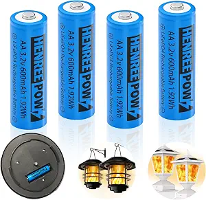 Henreepow AA 3.2v Solar Rechargeable Batteries, Double A 600mAh 3.2v 1.92wh LiFePo4 Solar Battery, Rechargeable Batteries for Outdoor Lights(AA-3.2v-4pack)