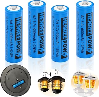 Henreepow AA 3.2v Solar Rechargeable Batteries, Double A 600mAh 3.2v 1.92wh LiFePo4 Solar Battery, Rechargeable Batteries for Outdoor Lights, Wall Lantern, Solar Post Lights(AA-3.2v-4pack)