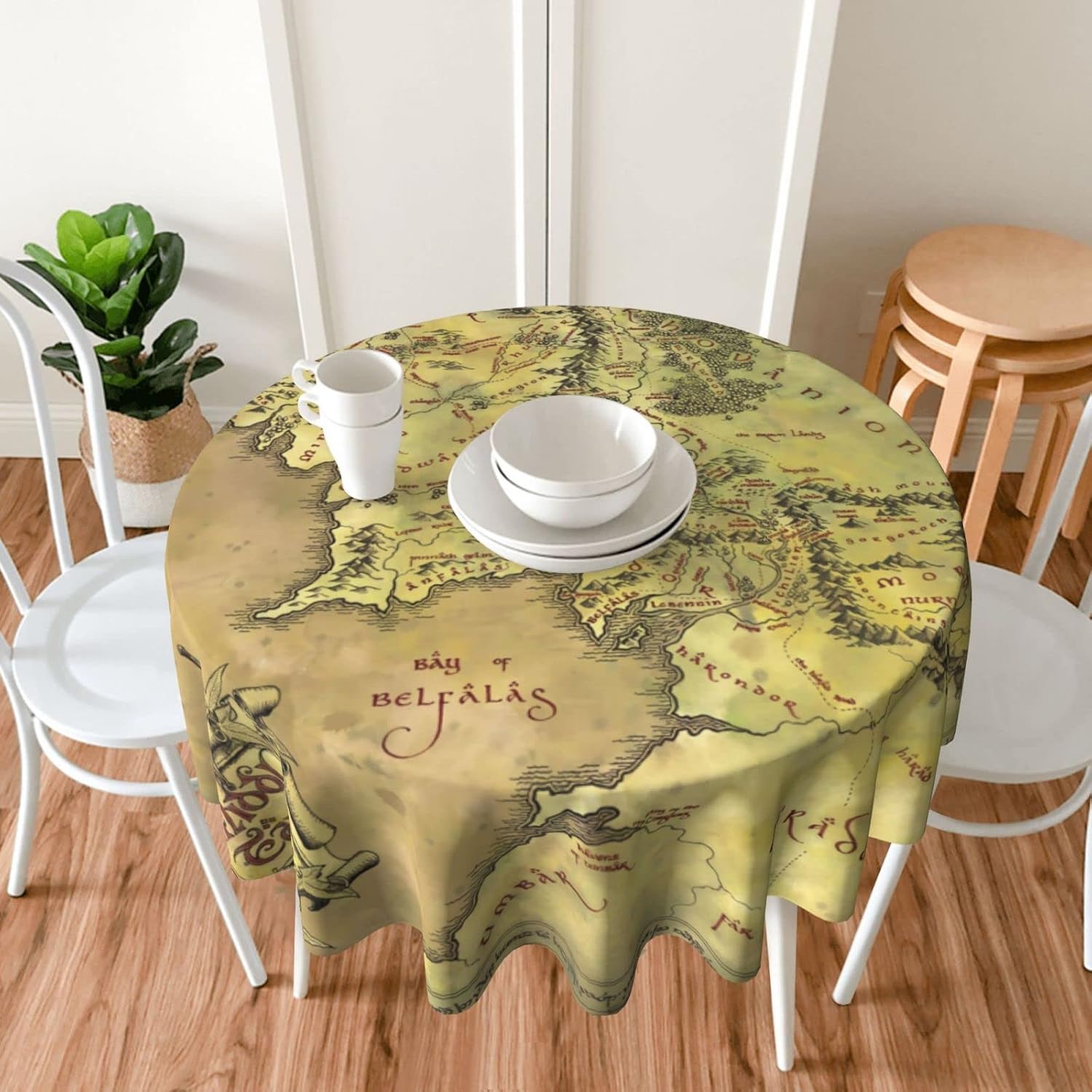 Middle Earth Map Pattern Round Tablecloth 60 inches Resistant Wrinkle Washable Table Cloth Cover for Home Dining Decor Kitchen Party Outdoor, Black