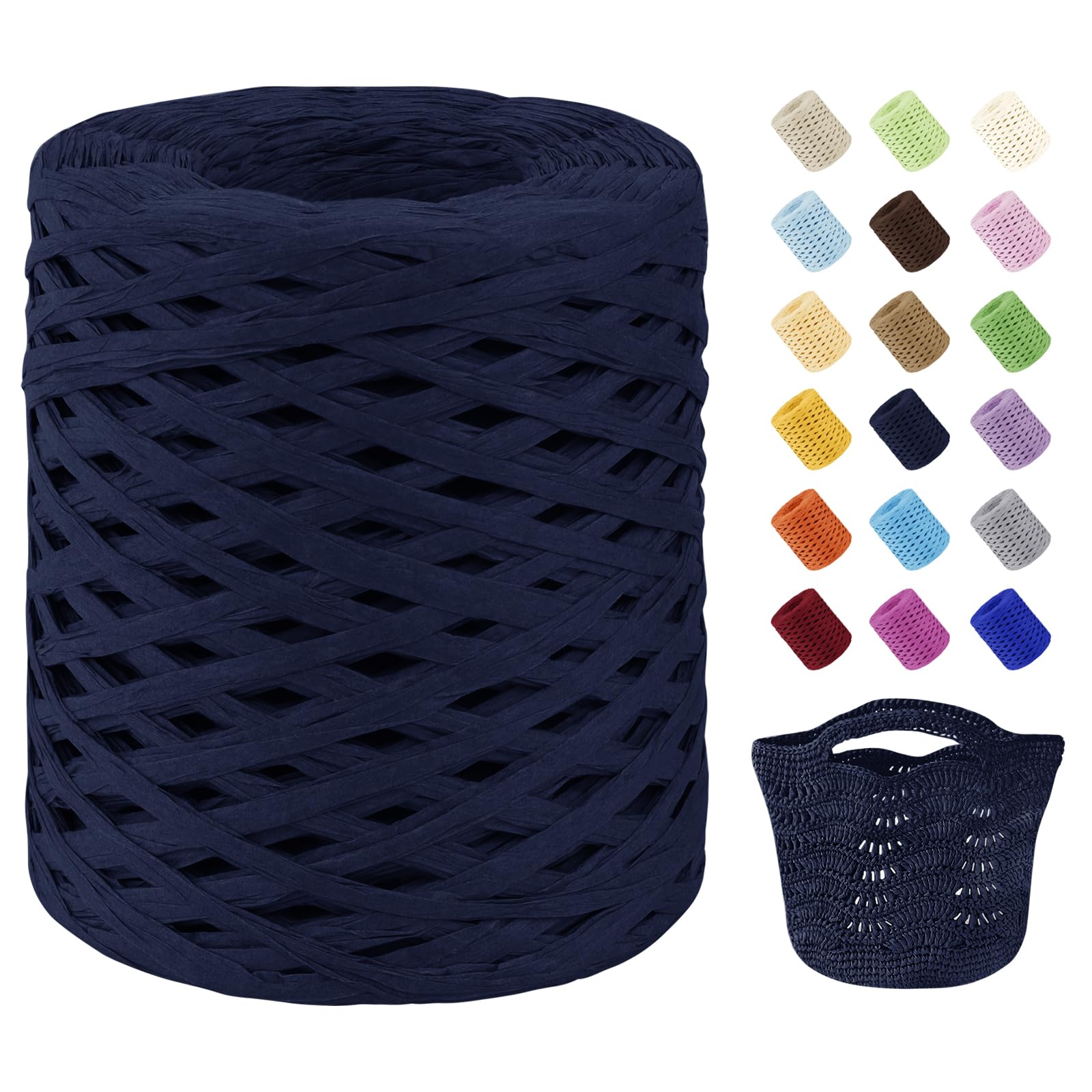 Uiopa Raffia Ribbon for Crochet, 3mm x 200m Raffia Paper Ribbon Straw Crochet Yarn for Crocheting Beach Bags, Sun Hats, Home Decor, DIY Crafts (Navy Blue)
