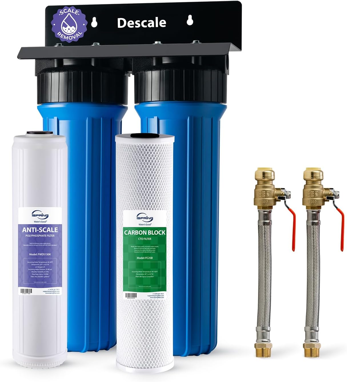 iSpring WGB22BM+AHPF12MNPT16X2 2-Stage Whole House Water Filtration System with 20” x 4.5” Carbon Block and Iron  Manganese Reducing Filters and 3/4 Push-fit Stainless Steel Hose Connectors, Blue