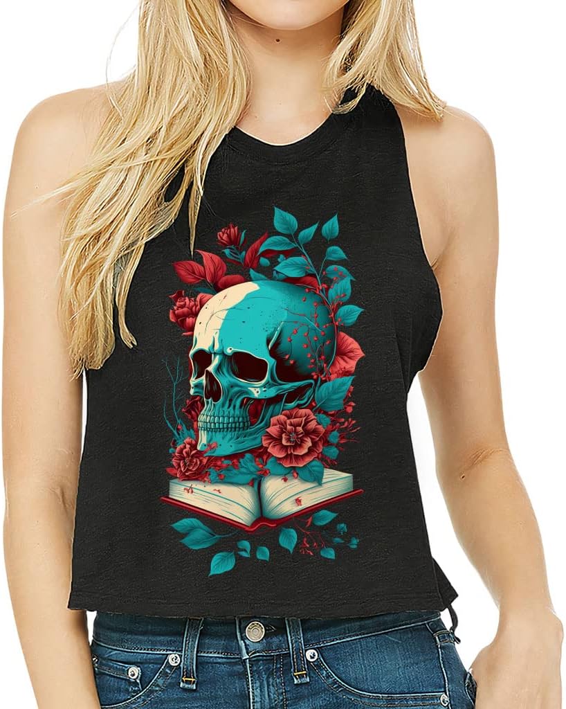 Skull Graphic Racerback Cropped Tank - Gothic Themed Women's Tank - Unique Tank Top - Black, L