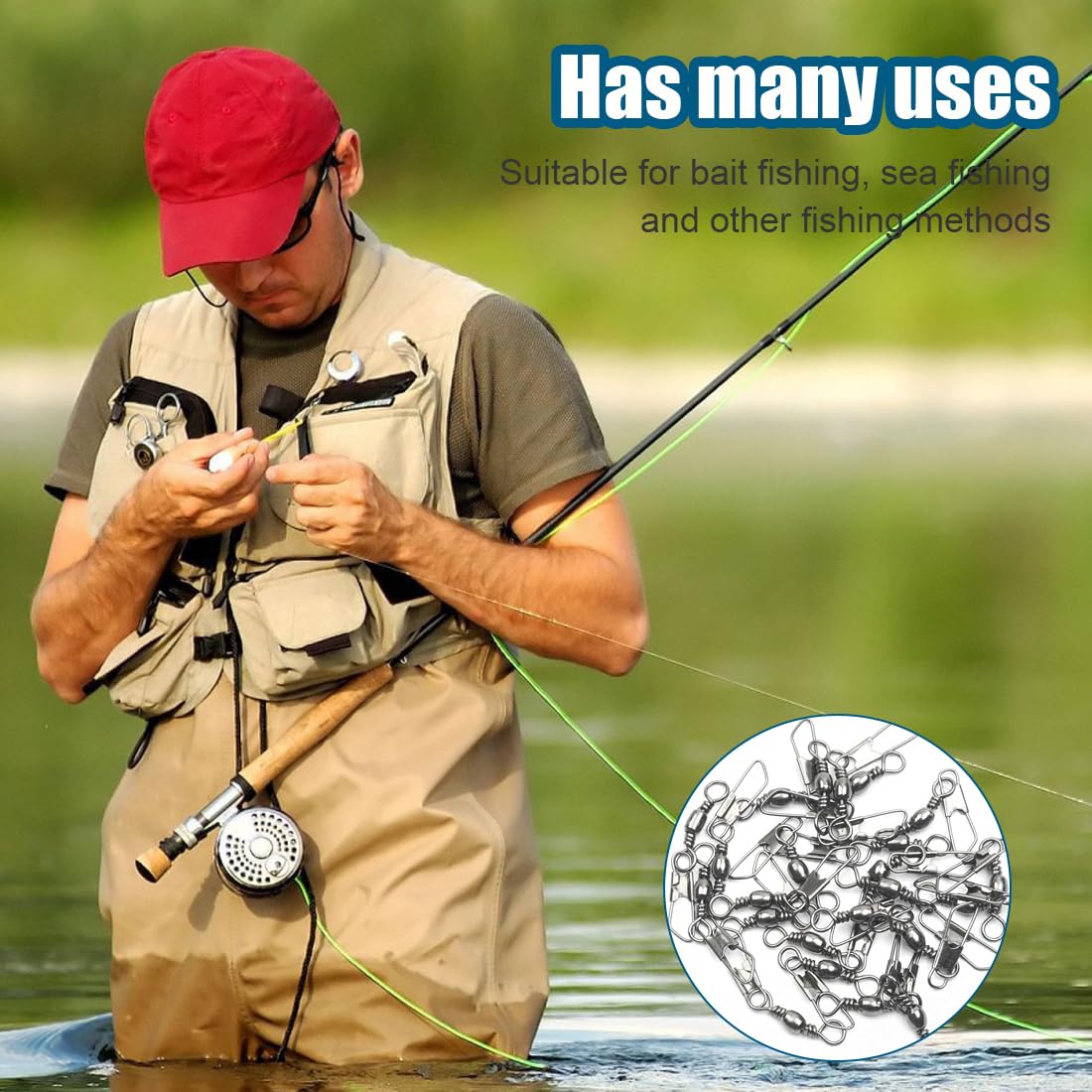Girelle da pesca trota pesca in acciaio inox con moschettone, 100 Pezzi Anelli Solidi con Moschettone per Connettori Clip Girevoli, Girelle Canna da Pesca, 6 8 10 12 14#