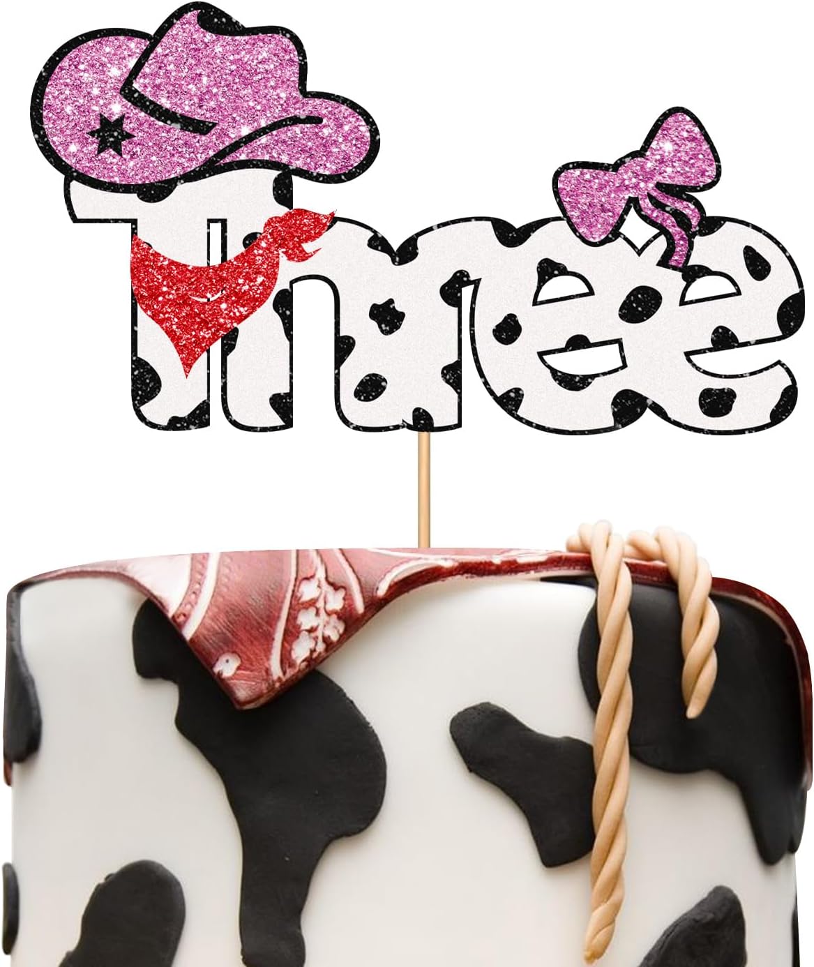 Cowgirl Three Cake Topper, Happy 3rd Birthday Cake Decor for Baby Girl, My 3rd Rodeo Western Birthday Party Decoration, Wild West Themed Party Supplies - Pink & Brown Glitter