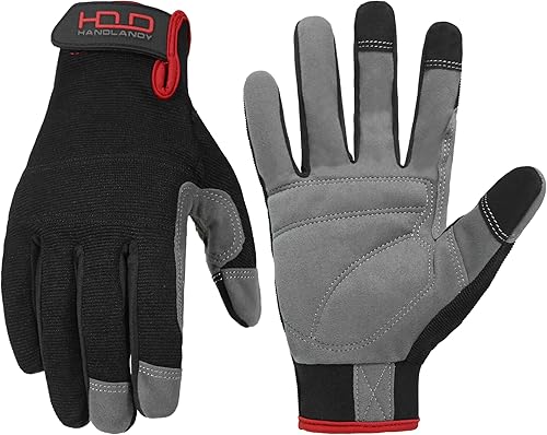 Miniatura 19 de HANDLANDY Guantes de trabajo para hombre y mujer, guantes de trabajo de mecánicos de uso general con pantalla táctil, guantes de trabajo flexibles