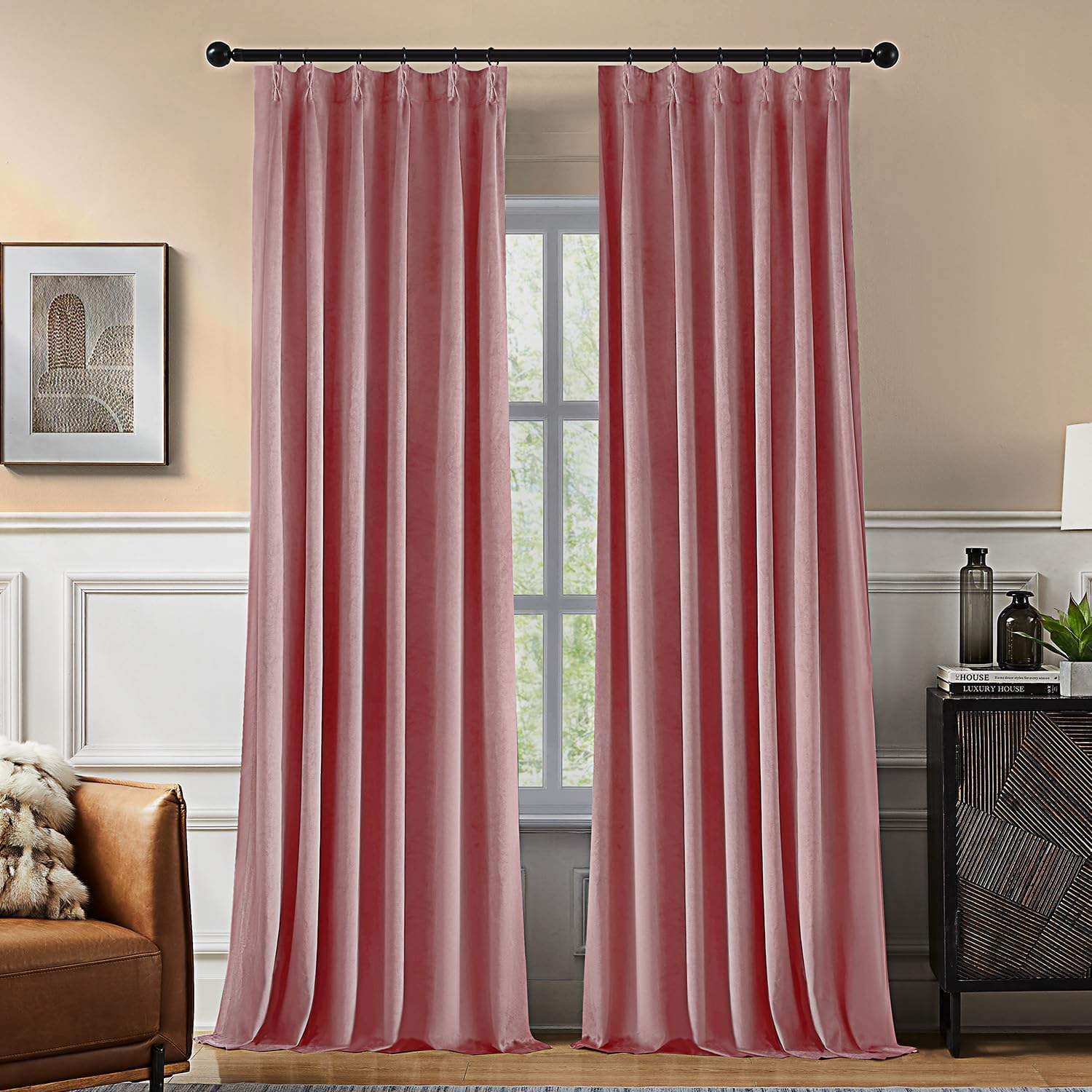 Pinch Pleated 100% Blackout Curtains for Bedroom, Pink Velvet Curtains for Living Room, Black Out Curtain 84 inch Long Room Darkening, Blackout Pinch Pleat Drapes with Hooks 2 Panels