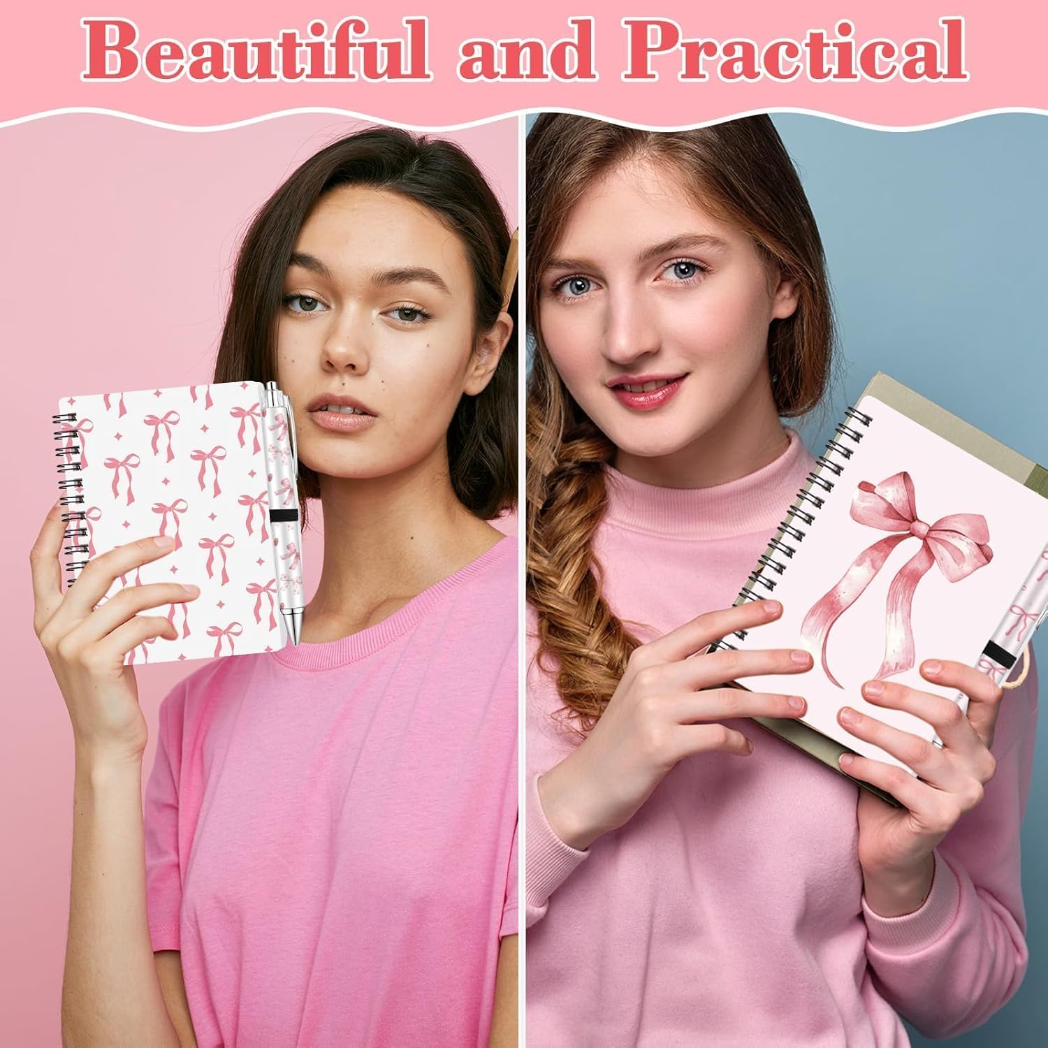 16 Pcs Pink Coquette Bow Spiral Notebook Preppy Journal Ballpoint Pens Aesthetic Hardcover Ruled Notebooks with Retractable Black Ink Pen for Office School Day Classroom Prize Supplies - Image 7
