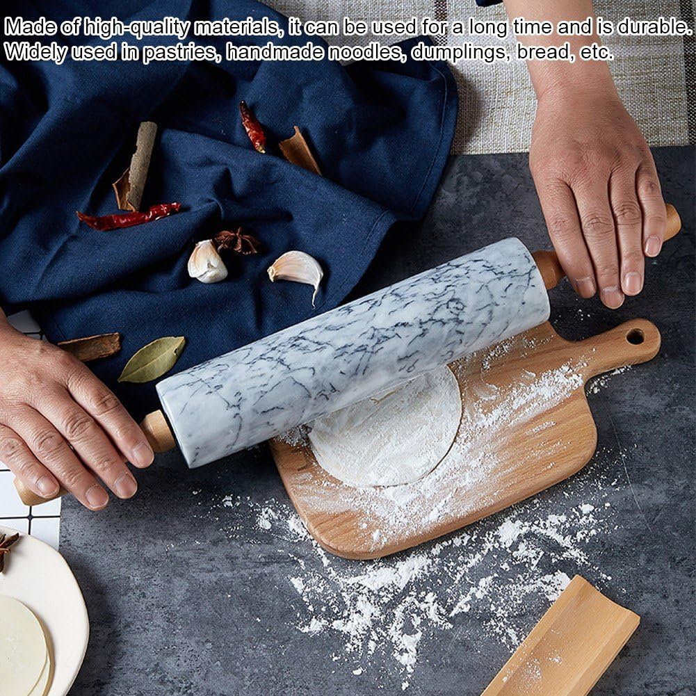 Mattarello in Marmo con Culla in Legno Manico Spesso Set per Cottura Forno, Rullo Lucido di qualità Premium 45 Cm per Impasto della Pizza, Fondente, Crosta di Torta, Superficie Antiaderente