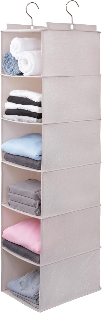 Large Hanging Sweater Organizer for Closet,Collapsible 6-Shelf Hanging Closet Shelves with Drawers, Washable Beige -6 Shelf