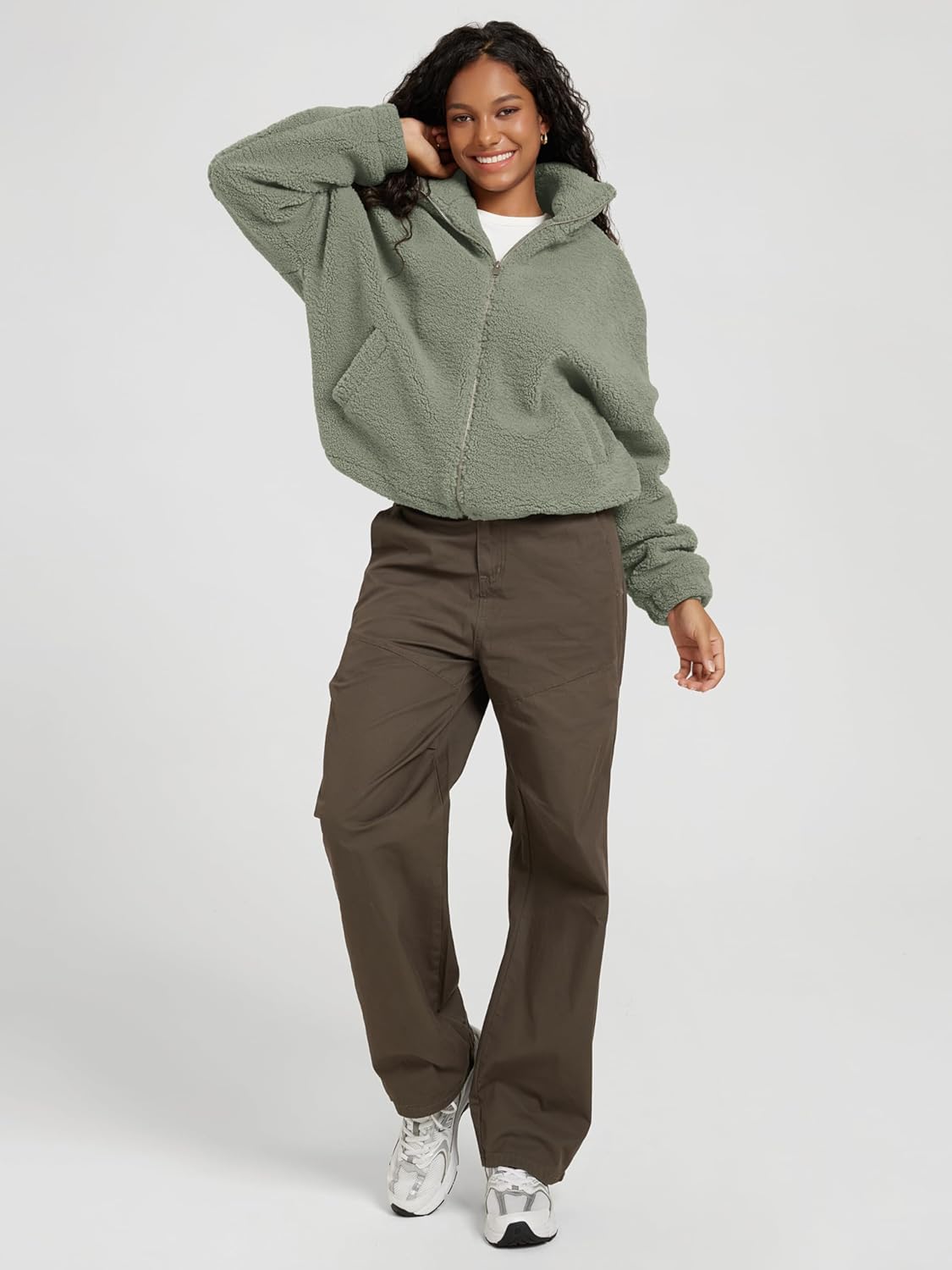 ODODOS Women's Sherpa Fleece Full-Zip Jacket Long Sleeve Coat Soft Warm Cinchable Outerwear with Pockets - Image 4