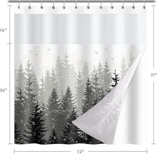 Miniatura 6 de Cortina de ducha de bosque con forro de tela a presión, cortinas de ducha de árbol natural de montaña gris con ventana superior de malla para