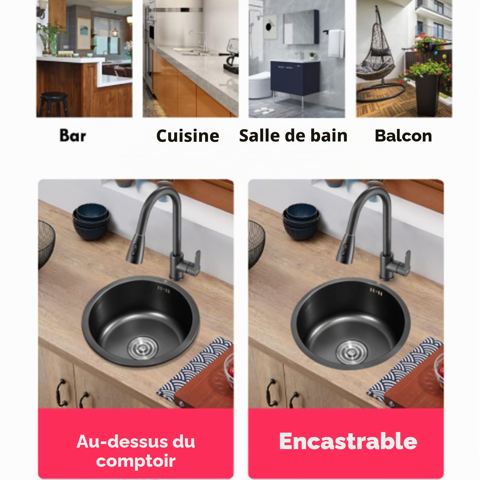 Évier de Cuisine Rond en Acier Inoxydable Évier de Cuisine à Encastrer Montage Evier de Cuisine Kit pour à la Salle De Bain De Bar De Cuisine 29,8x25,5x16,5cm