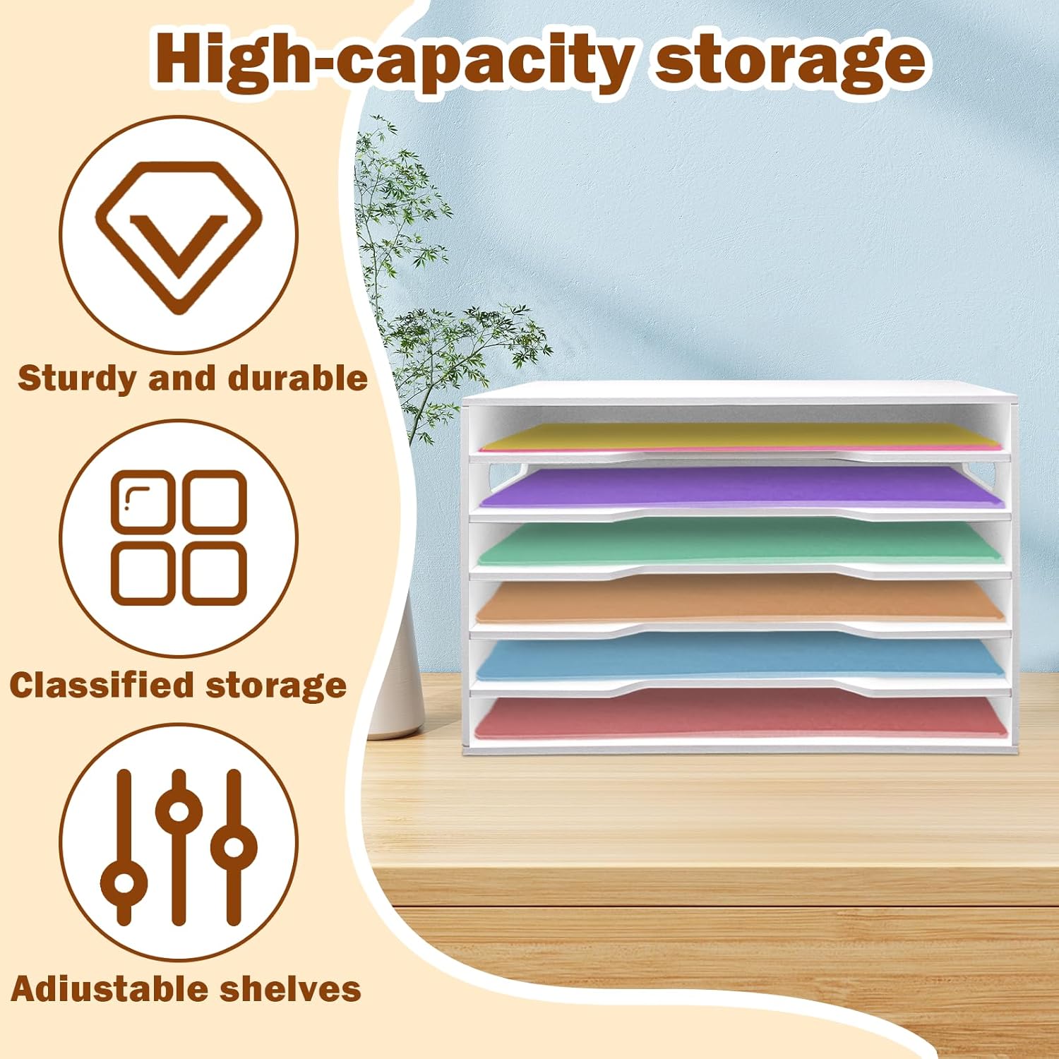 12x18 Construction Paper Organizer,6 Tier Construction Paper Organizer,File Sorter Storage,Large File Suitable for Home,School and Offices,White