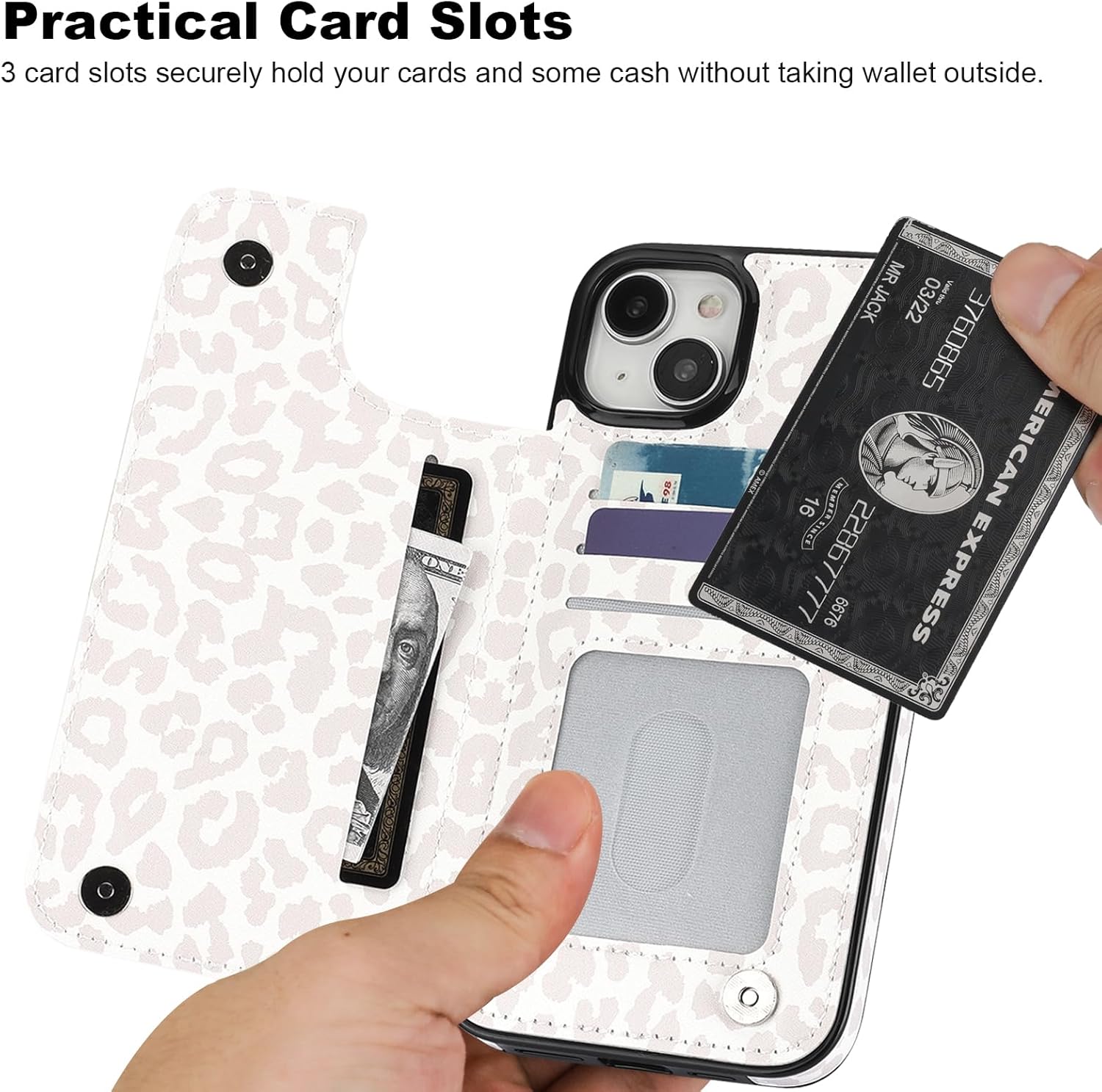 HAOPINSH iPhone 15 Plus Case Wallet - Flip Folio PU Leather Kickstand Card Slots Case for Women Girls, Double Magnetic Clasp, White Leopard Cheetah Pattern, 6.7 - Image 3