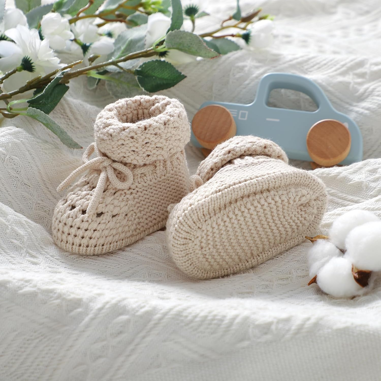 Baby Booties 100% Cotton Knitted Newborn First Cozy Warm Crib Shoes for Toddler Infant Boy Girl Babys Shower Gift