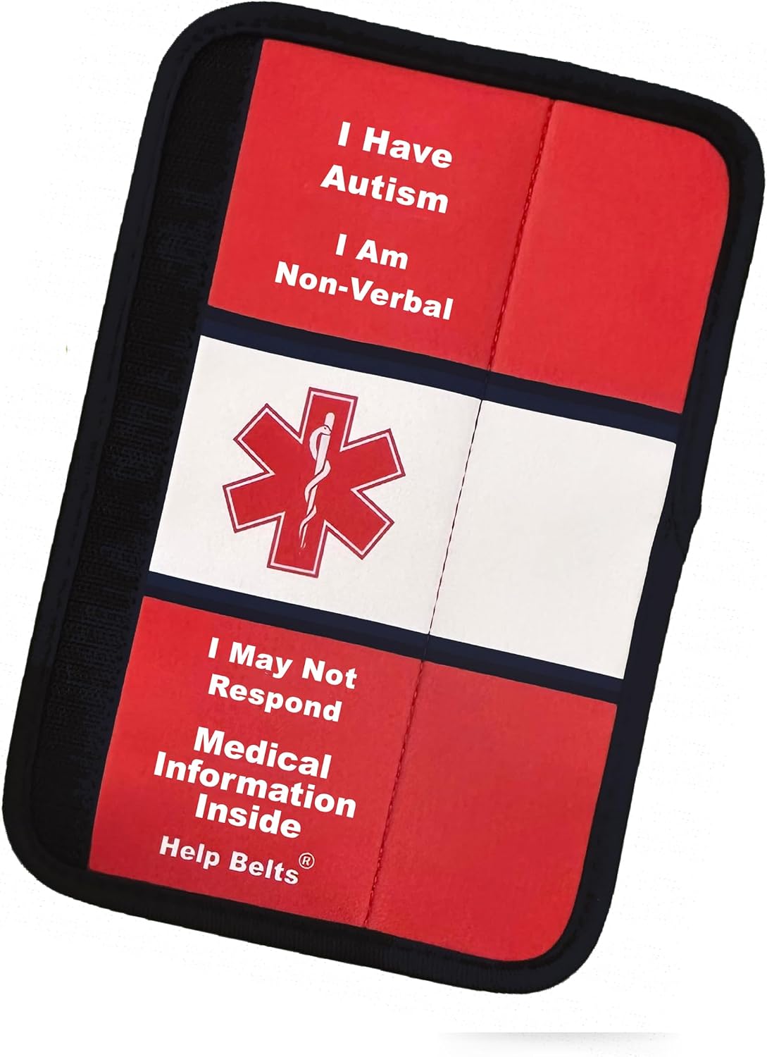 Autism/Non-Verbal/May Not Respond Awareness Medical Alert Seatbelt Cover for Kids and Adults with Emergency Information Form and Pocket by Help Belts. (Red, 9 Inch Full)