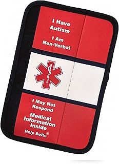 Autism/Non-Verbal/May Not Respond Awareness Medical Alert Seatbelt Cover for Kids and Adults with Emergency Information Form and Pocket by Help Belts. (Red, 9 Inch Full)