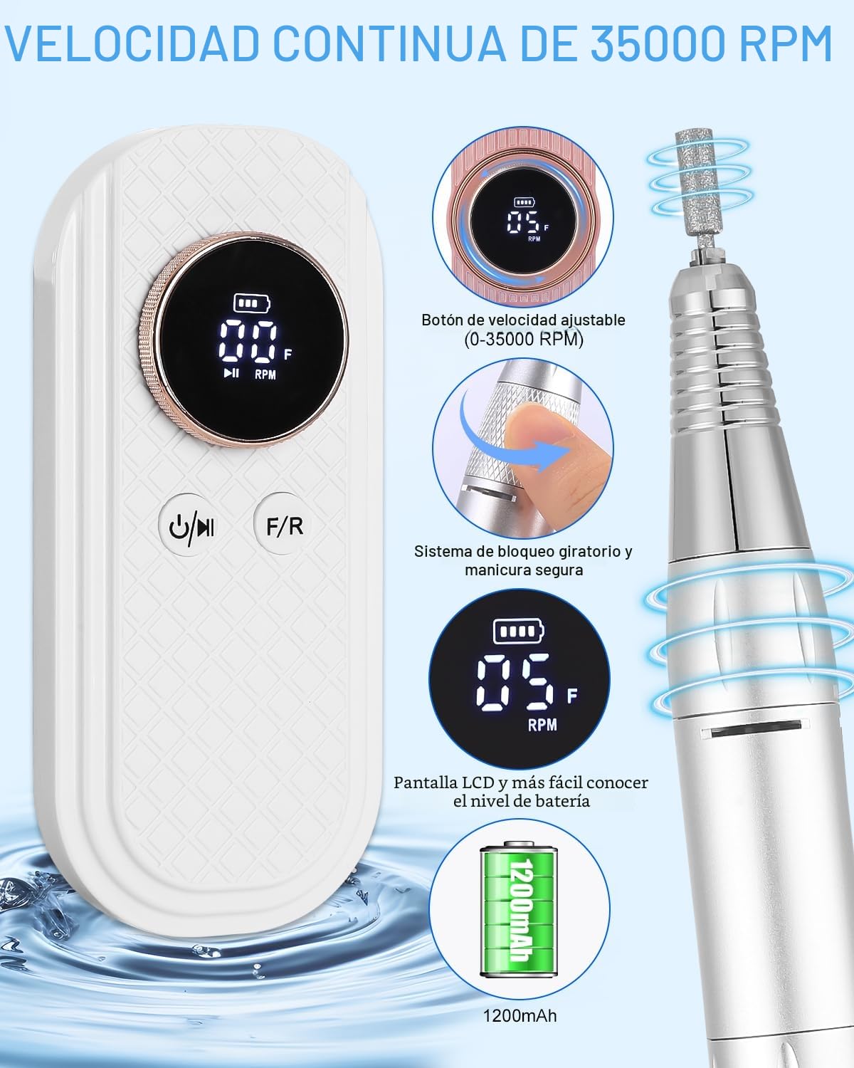 Torno para Uñas Profesional 35000 RPM,Torno de Uñas Inalambrico Pulidor Lima Electrica Uñas Portatil para Semipermanentes Acrilicas Manicura y Pedicura, Baja Vibración, Salón DIY