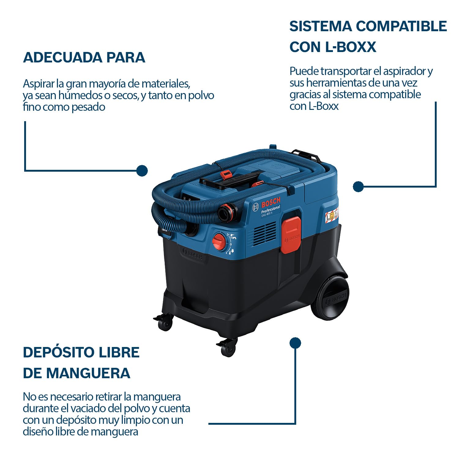 Bosch Professional aspirador universal GAS 400 A (1200 W, limpieza automática del filtro (AFC), con filtro principal, manguera, adaptador PT, tubo curvado, 2 bolsas de recogida de polvo)