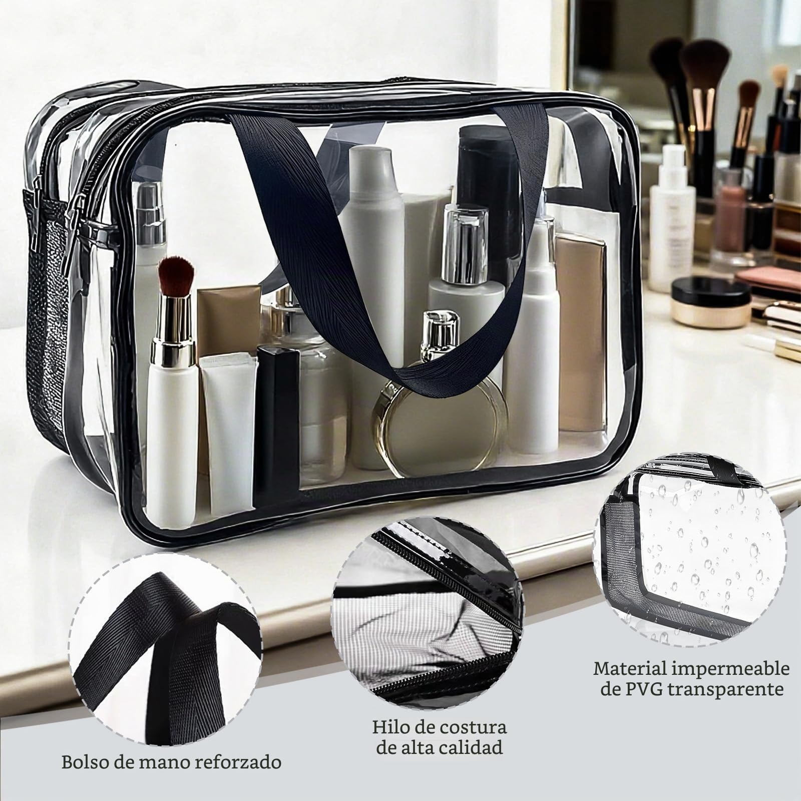 Neceser de viaje transparente grande, 31 x 21,1 x 16 cm, PVC grueso, impermeable, con compartimentos dobles y cremallera, para viajes en avión, mujeres y hombres