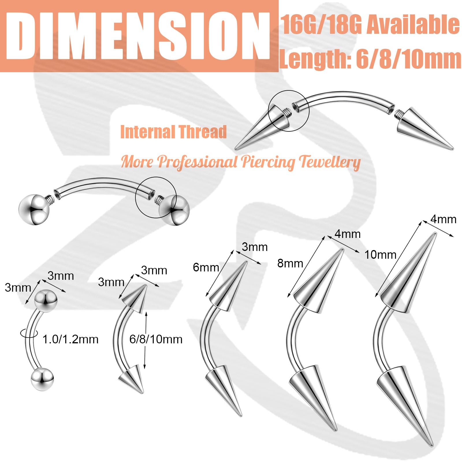ZS 10 pezzi 16G/18G Spike sopracciglio Piercing Jewellry, filo interno curvo bilanciere verticale labret labbro, Spike Trago Helix orecchini Rook naso ponte anelli