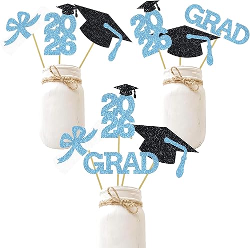 Centro de mesa de graduación Decoración de mesa de centro de fiesta, palillos con purpurina, tapa de graduación de clase, fotomatón, favores, azul