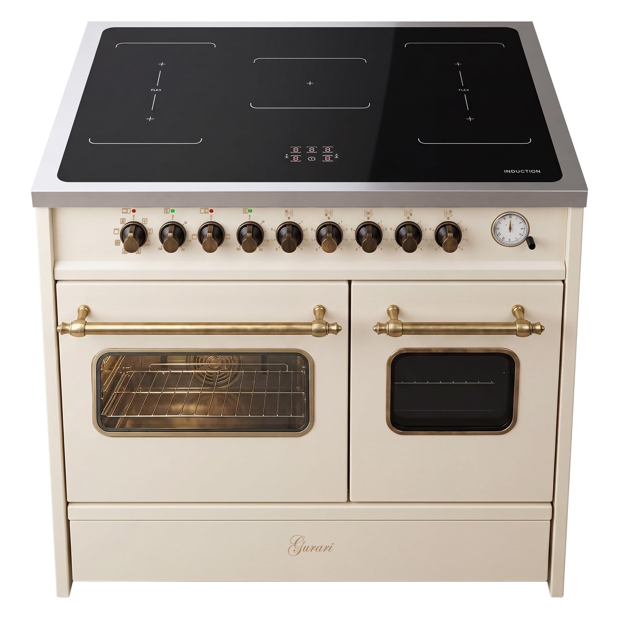 Gurari Induktions Standherd 90 cm GCH E 913 DF CR • Retro Range Cooker Creme • 2 Backöfen • 5 Induktionszonen mit 2 Flexzonen & Booster • Easy Clean Emaille • Premium Elektroherd