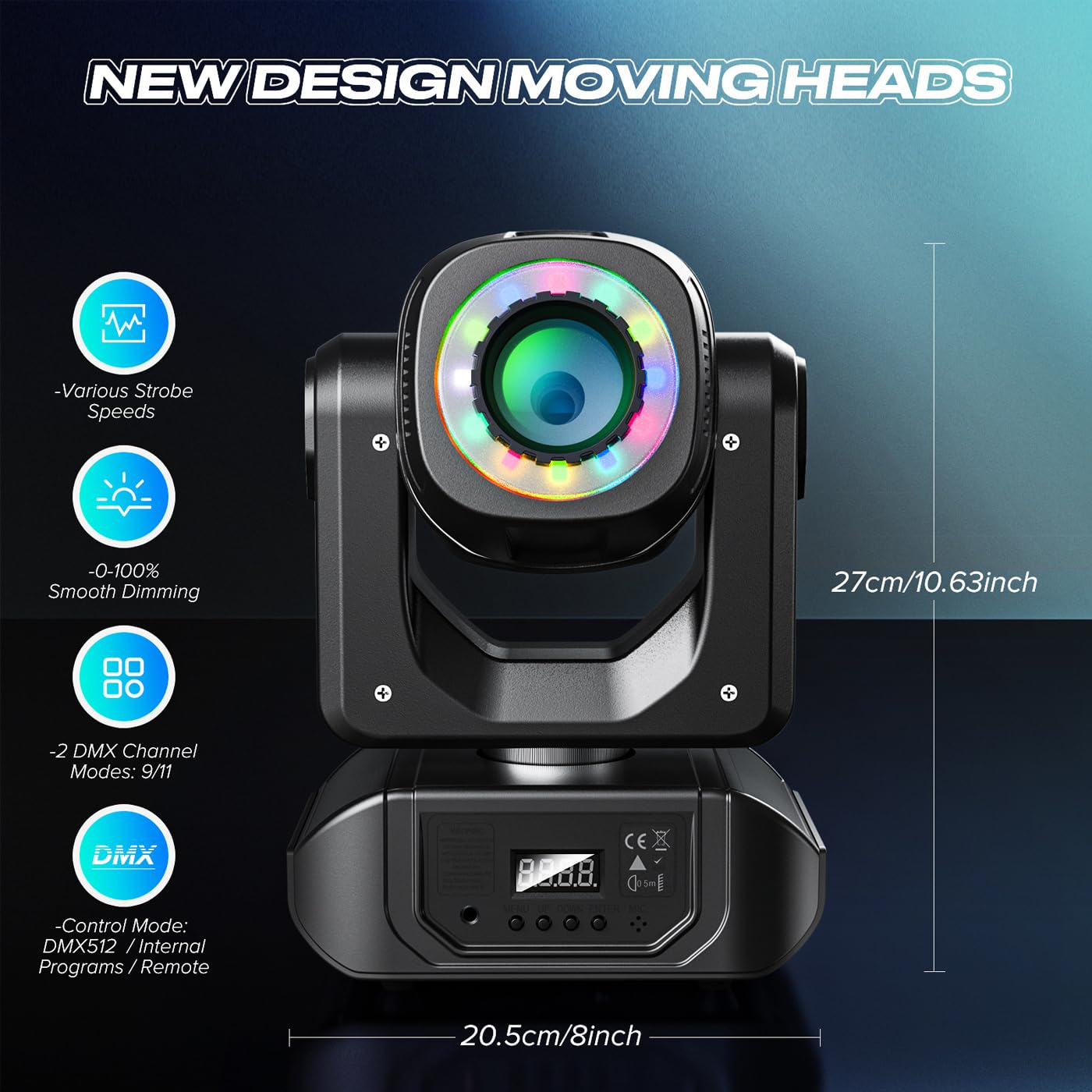 DJ Moving Head Light, Strobe Spot LED Bühnenlicht mit DMX-Controller, Fernbedienung, 8 Muster & Farbe, Dithering & Rotationsgeschwindigkeit einstellbar, Indoor Party Disco Lichter für Partys, 30 W, 1