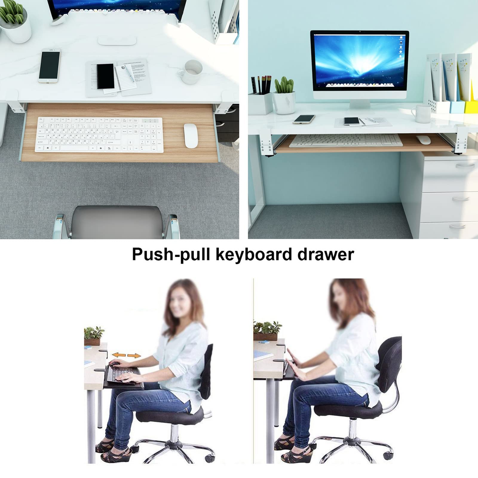 Verstellbare Tastaturschublade unter dem Schreibtisch, einfacher Zugriff, Computertischverlängerung, ohne Bohren, Schwarz, 55 x 30 cm, Home/Office Tastatur-Aufbewahrungslösung