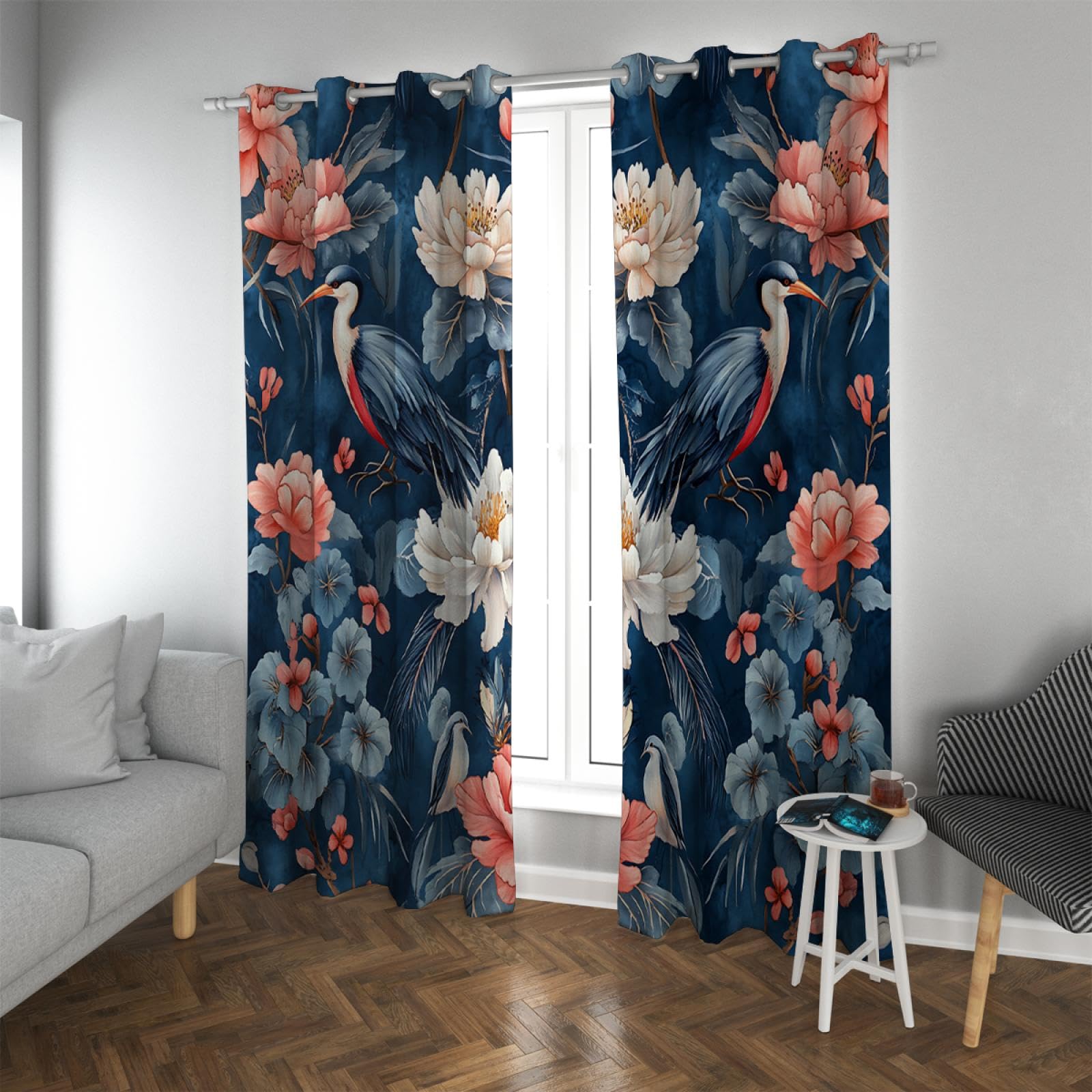 Rideaux occultants bleu foncé fleurs et oiseaux pour salon et chambre