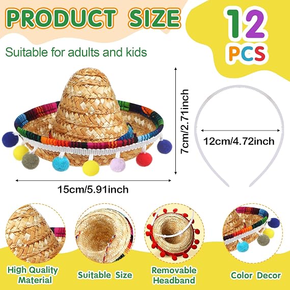 Syhood 24 Pcs Fiesta Party Supplies Cinco De Mayo Sombrero Headband Hats Eyeglasses for Mexican Theme Decoration Accessories