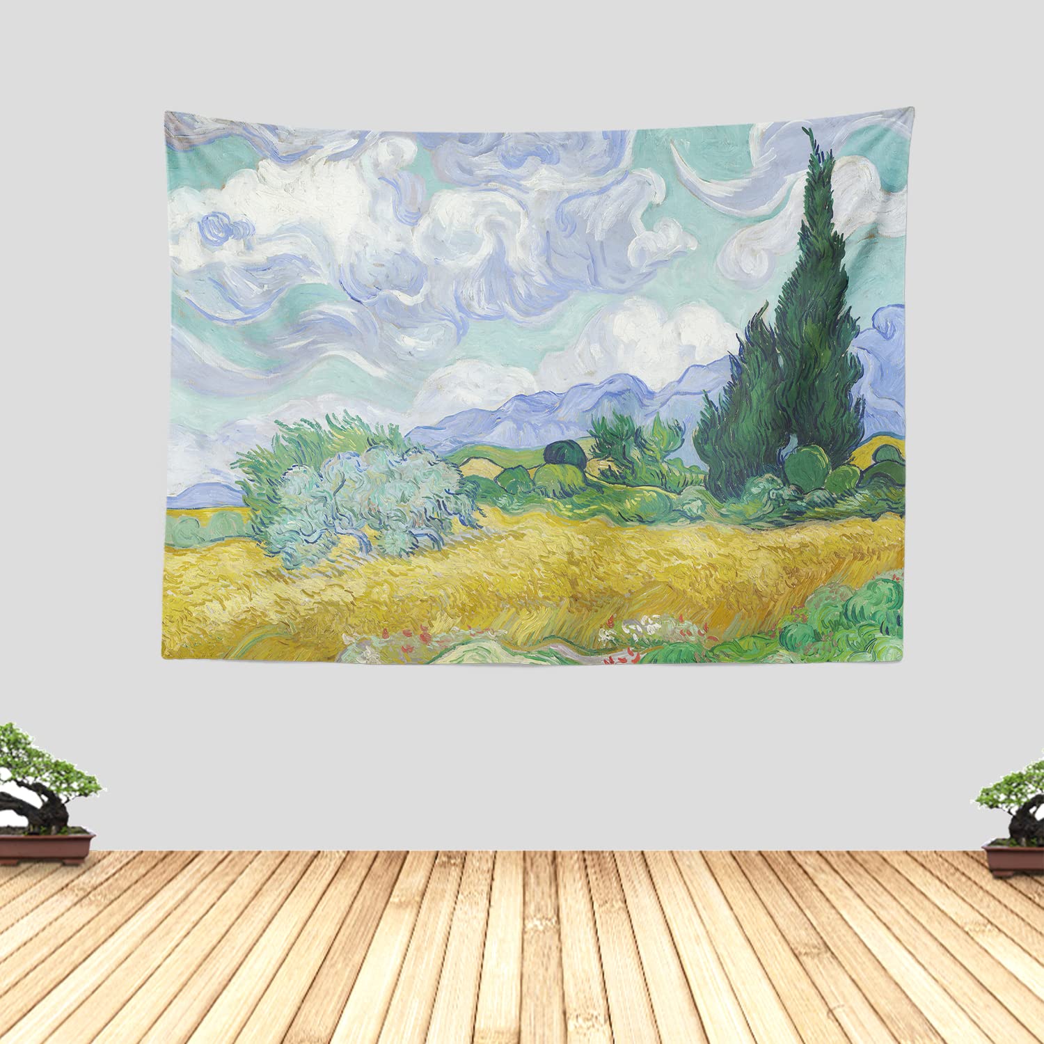 Chitteri Vincent van gogh Wheat Field with Cypresses Hanging Tapestry 60" x 45" Polyester Wall Art for Home Decoration