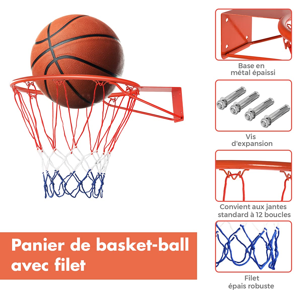 RELAX4LIFE - Cesta de baloncesto, diámetro 45 cm, con red de pared, ideal para niños y adultos, anillo de baloncesto con tornillos robustos de acero inoxidable (canasta de baloncesto)