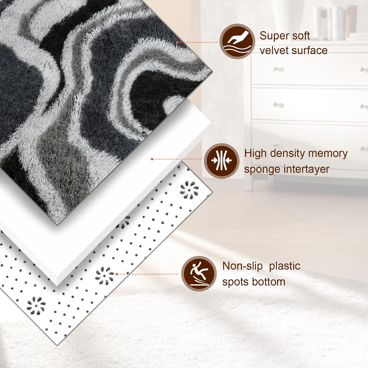 TWINNIS Super Soft Shaggy Rugs Fluffy Carpets, 4x5.9 Feet, Indoor Modern Plush Area Rugs for Living Room Bedroom Kids Room Nursery Home Decor, Upgrade Anti-Skid Rectangular Fuzzy Rug, Grey Black