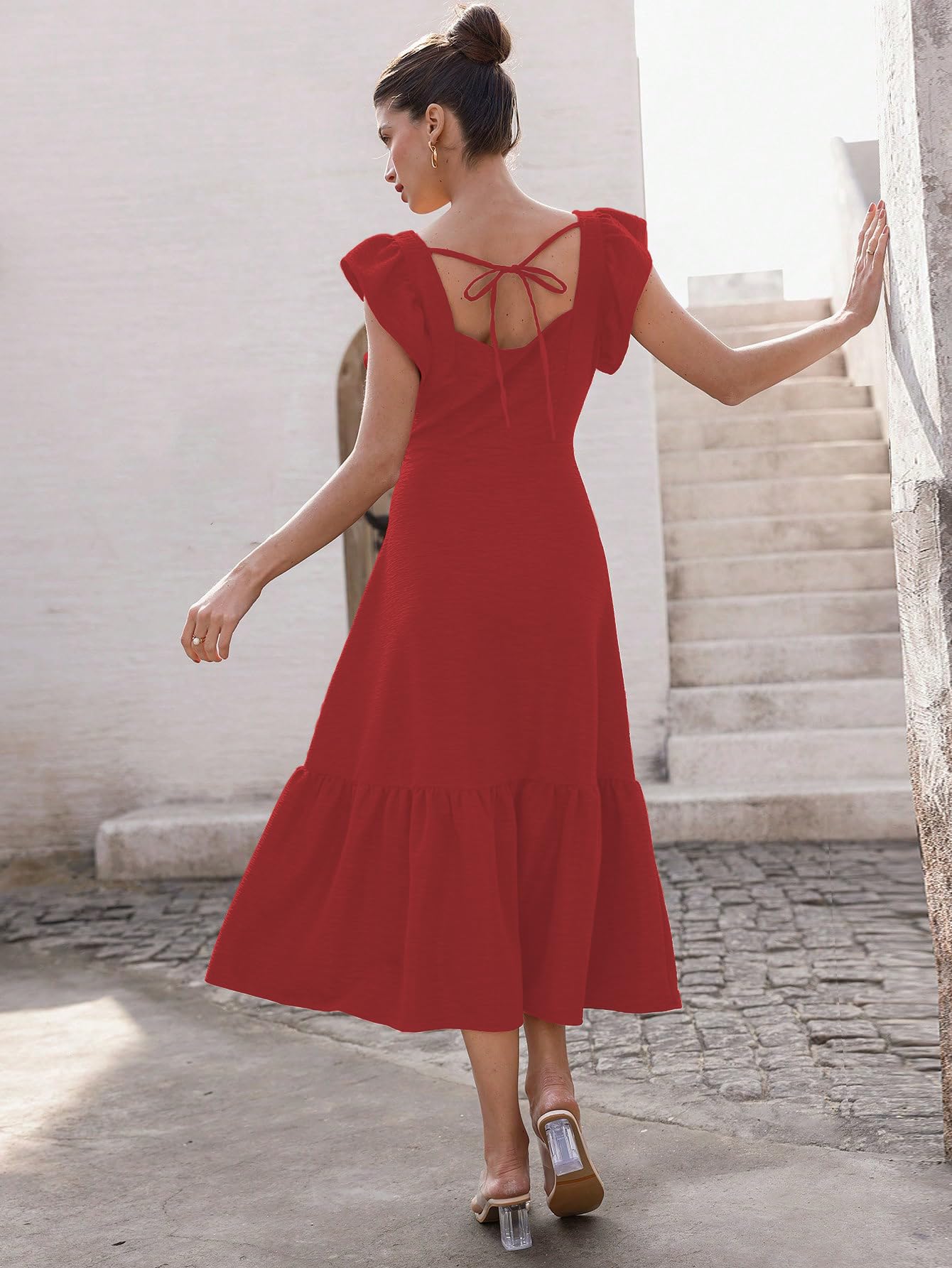Sugathari Chica y mujer Color sólido cuello cuadrado, dobladillo con volantes sin mangas, sisas con volantes y vestido casual con cintura entallado trajes de vacaciones para mujer (vestido 176)