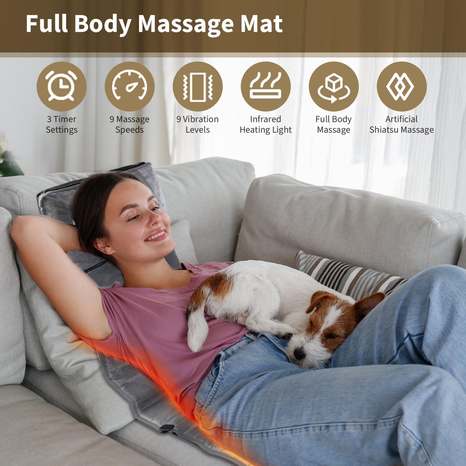 TeqHome Massage Mat with Shiatsu Neck Massager, Full Body Massage Mat Mattress with Heat & Movable Shiatsu Neck Back Massager Pillow, 10 Vibrating Motors & 9 Massage Modes for Back Leg Pain Relief
