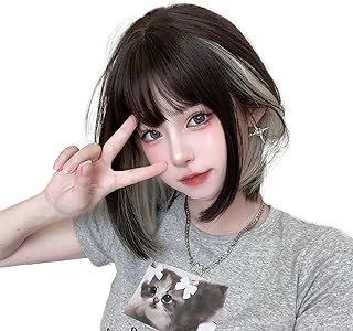 FESHFEN ウィッグ ショート ボブ フルウィッグ レディーズ ストレート 女性用 女装 自然 かつら ショートwig おしゃれ ぱっつん前髪 小顔 ファション ナチュラル 普段使い 日常 耐熱 ネット/櫛付き 黒茶&ミルキーイエロー