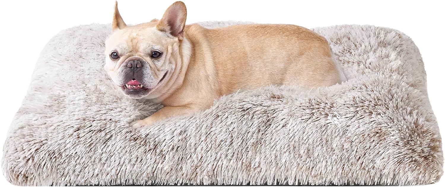 EHEYCIGA Fluffy Dog Crate Bed for Medium Dogs, Plush Faux Fur Crate Pad, Calming Anti Anxiety Medium Dog Bed, Washable Soft Warm Mat with Non-Slip Bottom, Brown 29.5 x 20 Brown