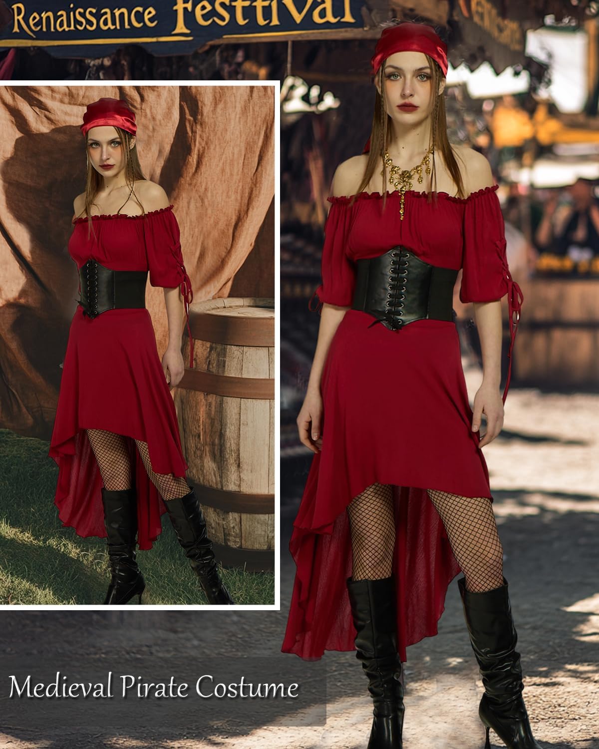 4Pcs Pirate Costume Women Medieval Viking Pirate Dress Headscarf Corset Pirate Accessories for Women - Image 3