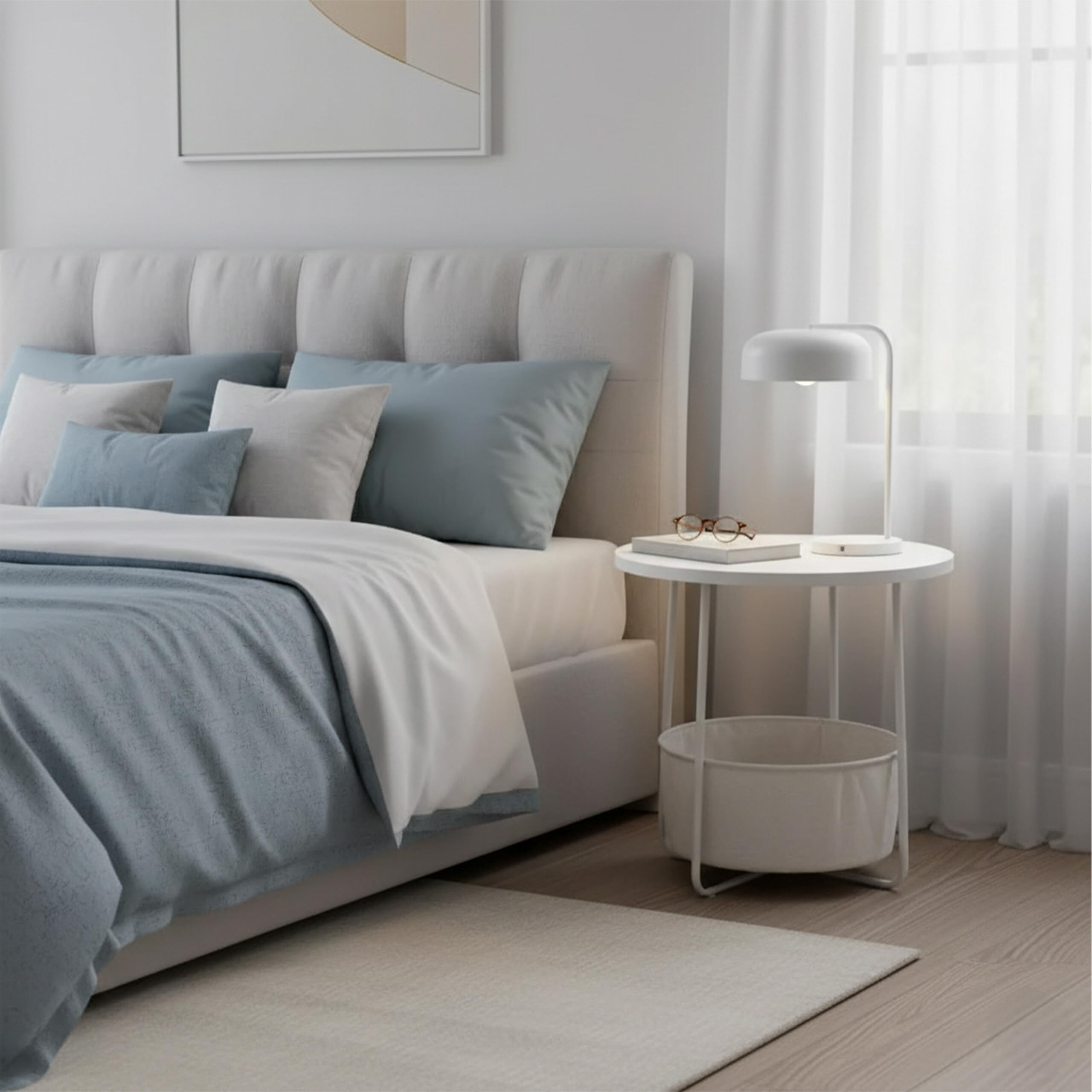 Relaxdays Mesa Auxiliar Redonda con Cesta de Tela, MDF y Metal, Beige-Crema, 50 x 45 cm