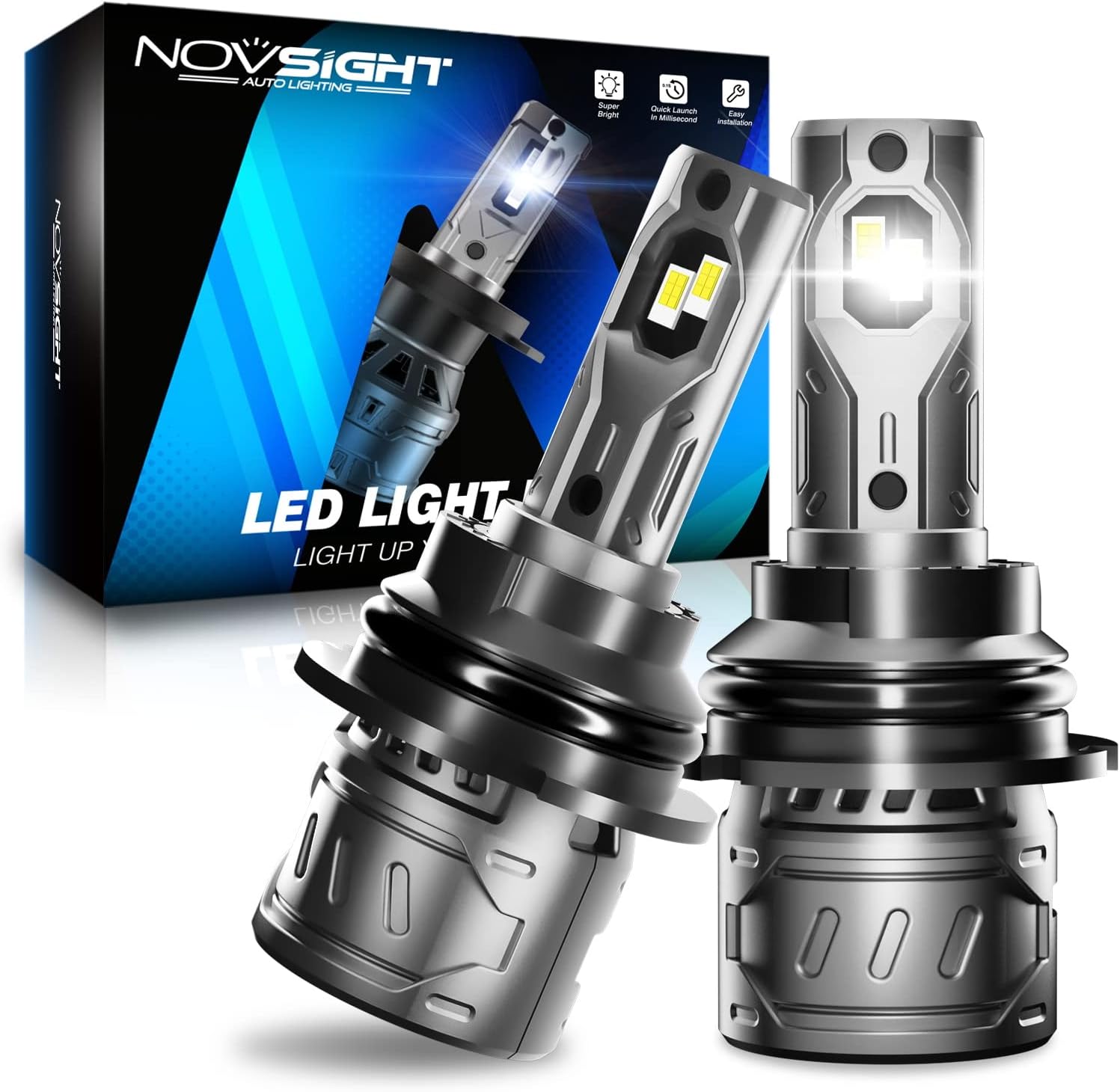 NOVSIGHT 9007/HB5 LED Bulbs, 60W 13000LM Bright Dual High Low Beam LED Bulbs Fast Cooling, 6500K White, Plug and Play Easy Installation Halogen Replacement, Pack of 2